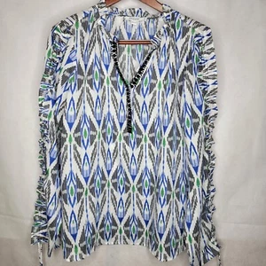 Chico's Popover Top weiß blau geometrisch Perlen leicht Ramie 1,5 (M/10) - Bild 1 von 21