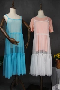 Abito donna trasparente plissettato rete slip sottoveste spalline estate spiaggia fata - Foto 1 di 18