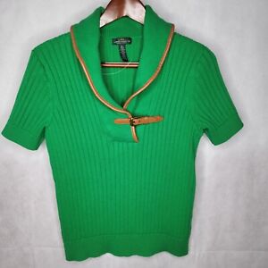 Lauren Ralph Lauren Sweater Green Ribbed Short Sleeve Faux Leather Trim Buckle