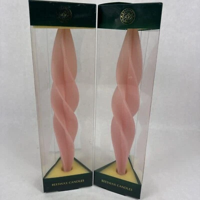 Velas cônicas espirais 12" rosa grande conjunto de 2 designs de cera de abelha vintage novo na caixa - Imagem 1 de 4