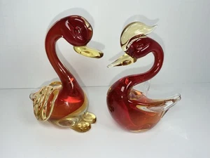 Vintage 2er Set Vintage Murano Glas Schwan Ente Gans Figuren rot gelb - Bild 1 von 9