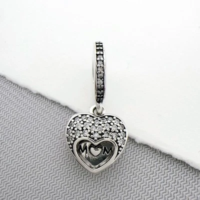 Openwork I Love My Mom 925 Silver Pave Heart Dangle Charm or Necklace Pendant - Image 1 of 4