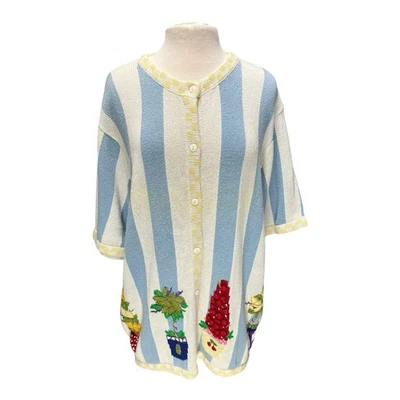 QUACKER FACTORY Striped Sweater 1XL Checkered Embroidery Fruit Grandma Coastal - Image 1 of 4