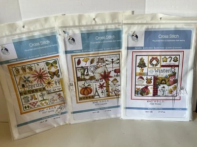 Printed Cross Stitch kits 14 Ct Set Of 3 Fall Winter & Spring New - Image 1 of 4