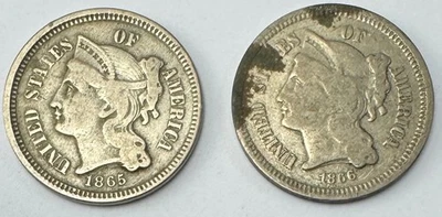 1865/1866 Lot of 2 Three-Cent Piece 3c Old US Coin P304 - Image 1 of 2