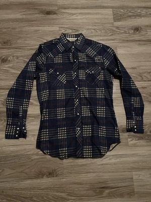 Vintage Sears Western Wear Shirt Mens Large Tall Navy Blue Plaid Pearl Snap 80s - Image 1 of 4
