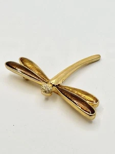 Crown Stamp DRAGONFLY BROOCH Pin Gold Tone, Rhinestone Head Enamel Wings T1 - Picture 1 of 9
