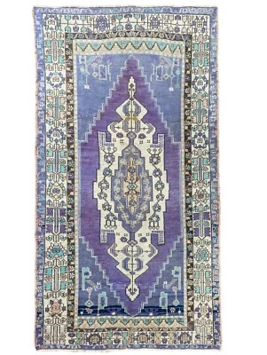 Boho Chic Turkish Tribal Wool Rug 4.1x7.4 feet Hand-woven Oushak Entryway Runner - Image 1 of 4