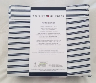 4 pc Tommy Hilfiger White & Navy Stripe Queen Sheet Set NIP - Image 1 of 4