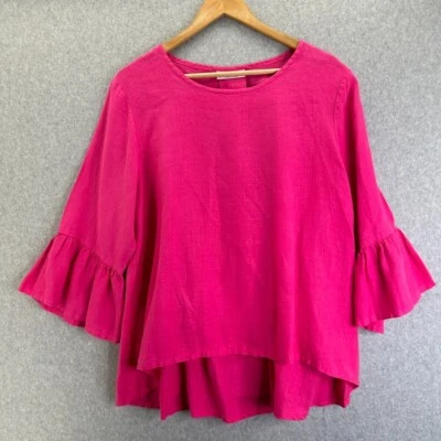 Blusa Bryn Walker Talla Grande Rosa Caliente Lino Lagenlook Mangas Acampanadas Barbie Foto 1 de 4