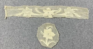 Antiche applique floreali in pizzo vittoriano 100% lino lunghe 13” / diametro 3,5” - Foto 1 di 2