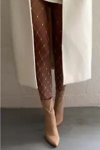 Nude Womens Rhinestone Diamond Fishnet Tights Diamante Sparkly Theatre Dance - Picture 1 of 6