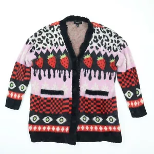 Forever 21 Cardigan Sweater Mixed Print Longline Checker Strawberry Leopard 0X - Picture 1 of 5