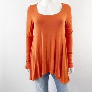 Free People Orange Ribbed Long Sleeve Top Size S Scoop Neck Boho Casual Tunic - Picture 1 of 9