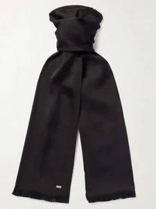 NIB Saint Laurent YSL Bague Black Silk Satin Fringed End Logo Plaque Scarf $695 - Picture 1 of 20
