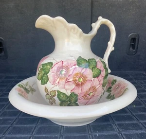 Vintage Pottery Hand-painted Extra Large Water Basin & Pitcher - Picture 1 of 22