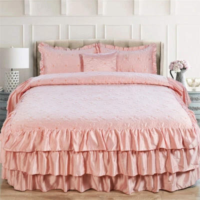 Lux 4Piece Matte Satin Bedding Set Reversible Ruffle Quilted Coverlet Queen/King - Image 1 of 4