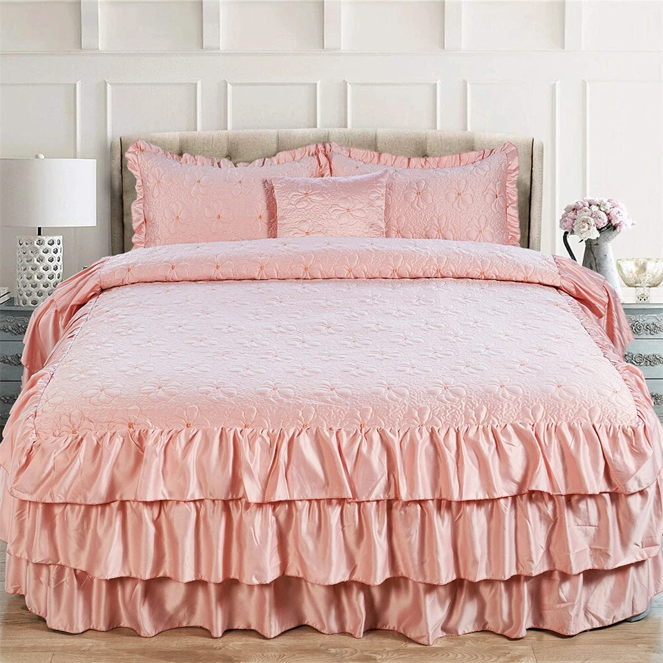 Lux 4Piece Matte Satin Bedding Set Reversible Ruffle Quilted Coverlet Queen/King - Image 1 of 4