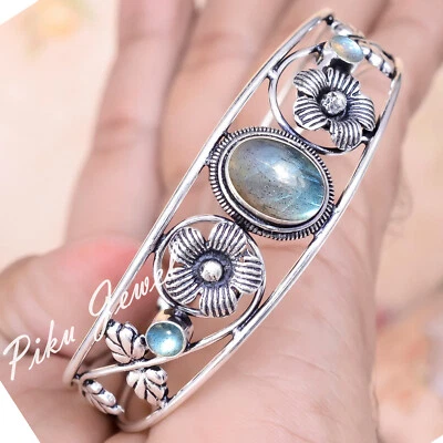 Blue Fire Labradorite Gemstone 925 Sterling Silver Cuff Bangle Gift For Festival - Image 1 of 4