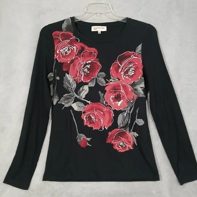 Jones New York Sport Women's Size Large Tee Shirt Black Red Roses Long Sleeves - Image 1 of 4