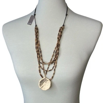 NUEVO CON ETIQUETAS J. Jill Boho Collar de Cuentas de Madera con Cáscara de Coco con Colgante Martillado Dorado Foto 1 de 4