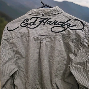 Vintage ED HARDY Long Sleeve Mens Size Large Flying Eagles Blue Grey Embellished - Picture 1 of 9