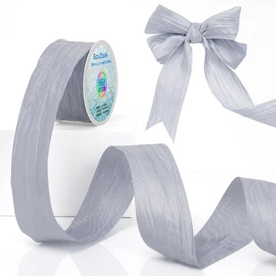 25 Yds 1.5 Inch Gray/Silver Crinkled Ribbon, Silk-Like, Wrinkled, Gift Wrap - Image 1 of 4