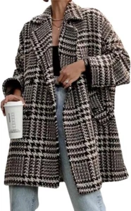 Womens Oversized Blazed Collar Double Breasted Overcoat Thick Plaid Pea Coat - Picture 1 of 18
