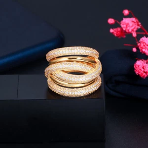 Noble Dubai Gold Multi Layer Twist Lines CZ Women Engagement Finger Ring Jewelry - Foto 1 di 13