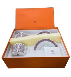 Hermes H Deco rouge Demitasse Coffee Cup Saucer Porcelain Set Of 2 With Box - Picture 1 of 7