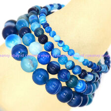 Fashion 8/10/12mm Natural Blue Stripe Agate Round Gemstone Beads Bracelet 7.5''