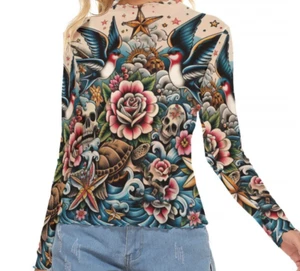 Tattoo Bluse Netz durchsichtig Shirt transparent Top Matrose maritim Totenkopf Floral Blumen - Bild 1 von 6