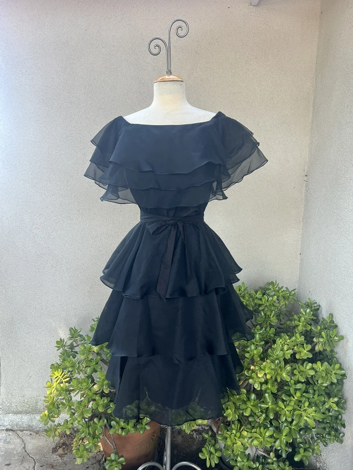 Vestido de Gasa Negro De Colección Cóctel Midi En Niveles Talla 8 Jill Richards Foto 1 de 4