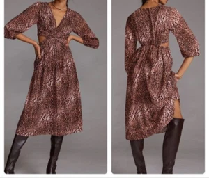 Anthropologie Ranna Gill ausgeschnittenes Midikleid Leopardenmuster Gr. S gefüttert neu mit Etikett 190 $ - Bild 1 von 13