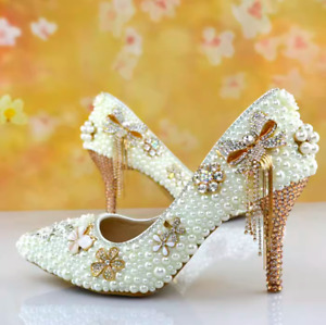 White crystal pearl wedding shoes Light cut bridal shoes pointed thin heels