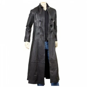 Men's Goth Steampunk Gothic Leather Trench Coat Jacket Full Length Black Coat - Picture 1 of 4