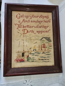 Antique Cross Stitch FRAMED Sea Boat Seaside Brach Maine Granny Core Kitsch - Picture 1 of 5