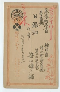 Antique Meiji-Era Japan 1 Sen Blue Kiku Postal Card Dual Postmarks Brush Script - Picture 1 of 2