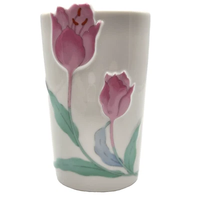 Jarrón vintage años 70 3D tulipanes cerámica rosa azul 5,5" alto Japón pintado a mano Foto 1 de 4