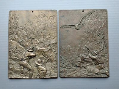 2 Wandreliefs alt Metall (Bronze) Gebirgsjagd Jagdszenen  - Bild 1 von 4