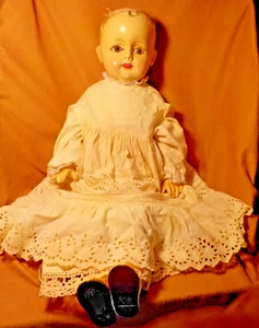Vintage (Antique?) 25" Composition Doll, Needs Wig, Has Dress, Shoes, Pantaloons - Picture 1 of 15