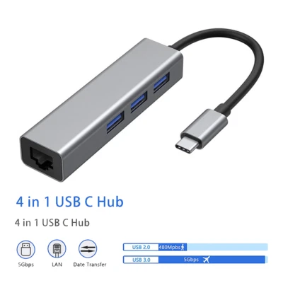 USB-C HUB Verteiler Splitter USB A 3Port Gigabit Ethernet LAN Typ C Adapter RJ45 - Bild 1 von 4