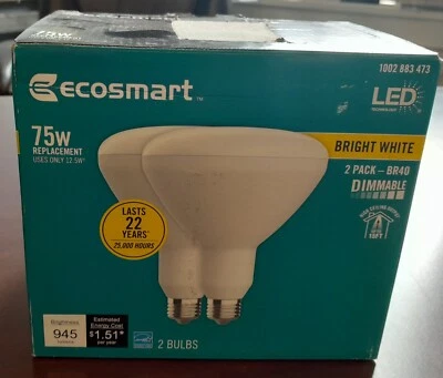 EcoSmart 75-Watt Equivalent BR40 Dimmable LED Light Bulb Bright White 2 Pack - Image 1 of 3