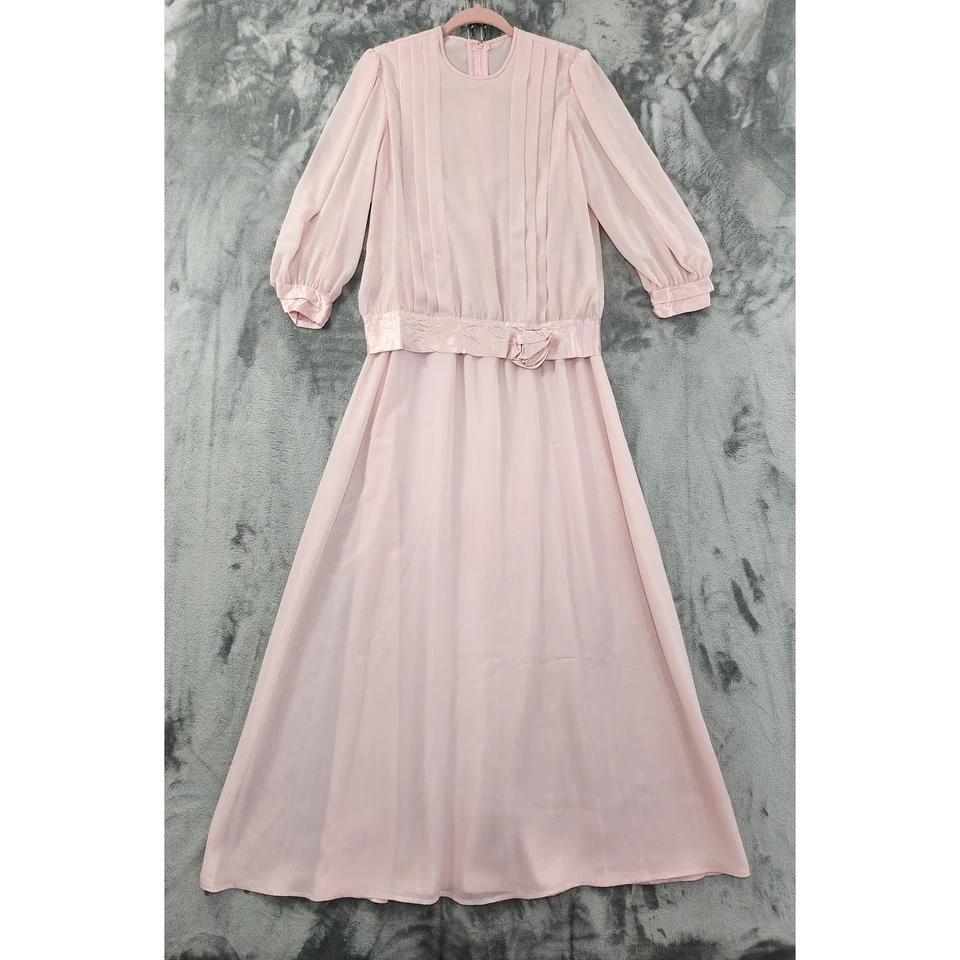Vestido maxi vintage anos 70 chiffon plissado cetim acabamento blusa tamanho 10 rosa formal - Imagem 1 de 4