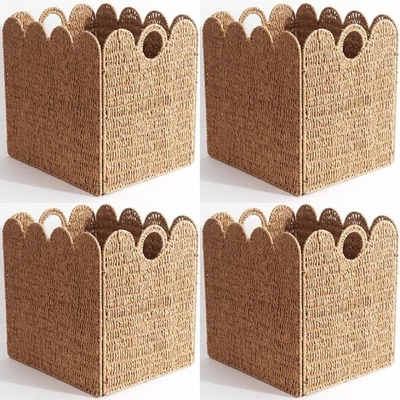Scalloped Wicker Storage Cubes Basket, 12”x12“ Heavy Duty Paper rope/Hyacinth - Image 1 of 4