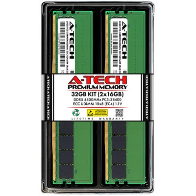 A-Tech 32GB 2x 16GB 1Rx8 PC5-38400E DDR5 4800 MHz ECC UDIMM Server Memory RAM x2 - Image 1 of 4
