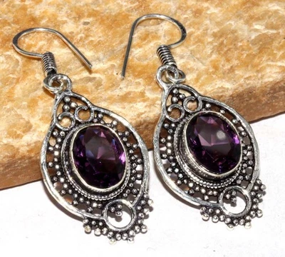 Amethyst 925 Silver Plated Handmade Earrings 1.9" Stylish Jewelry GW - Image 1 of 3