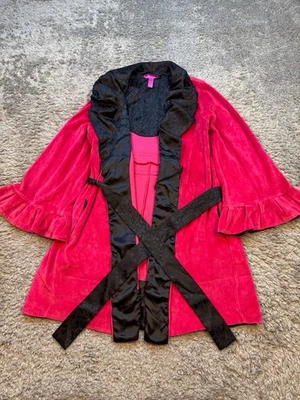 Betsey Johnson Robe Women Small Pink Terry Cloth Black Leopard Velvet Kimono - Image 1 of 4