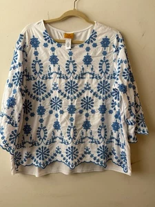 RUBY RD PULLOVER PEASANT BOHO HIPPIE LINED EYELET FRONT & SLEEVES T SHIRT BACK L - Picture 1 of 14