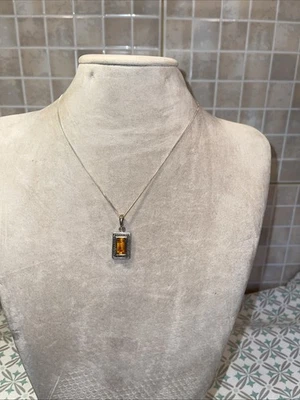 Ladies Sterling Silver Necklace Amber Pendant - Image 1 of 4